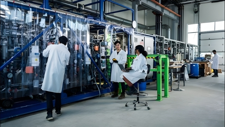 Engineers working inside a lithium refining plant using modular extraction systems