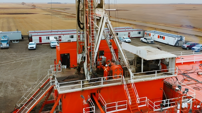 Drilling rig and workers operate on lithium brine site with modular buildings in rural Saskatchewan