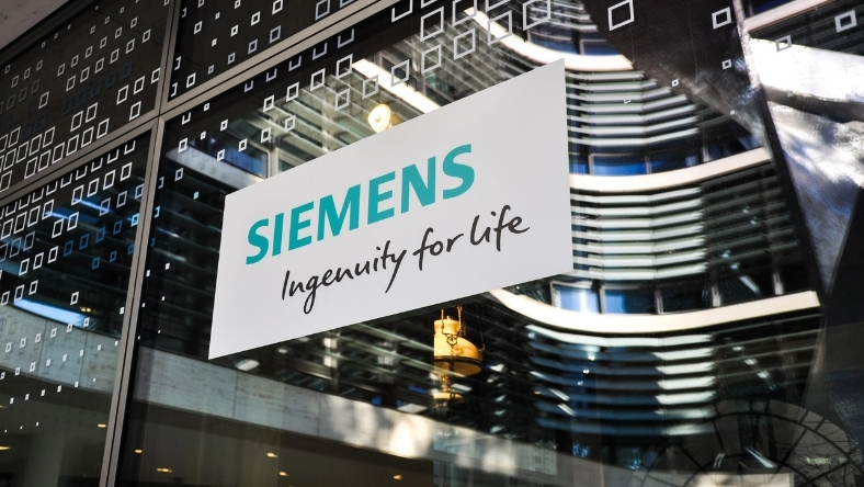 Siemens Ingenuity for Life logo displayed on glass building exterior
